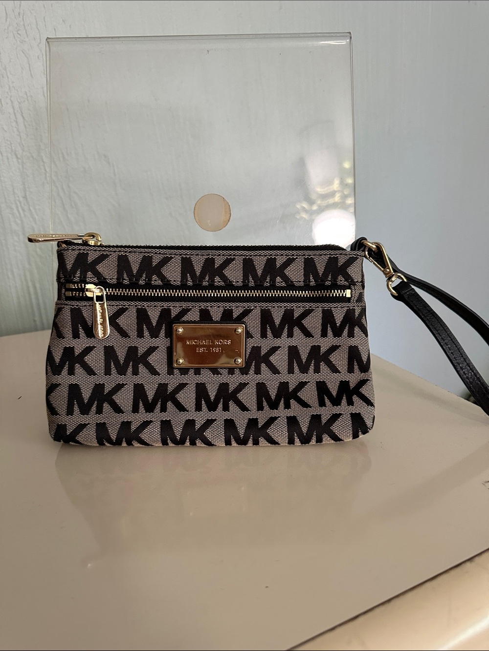 Michael Kors Black & Beige MK Logo Wristlet Clutch